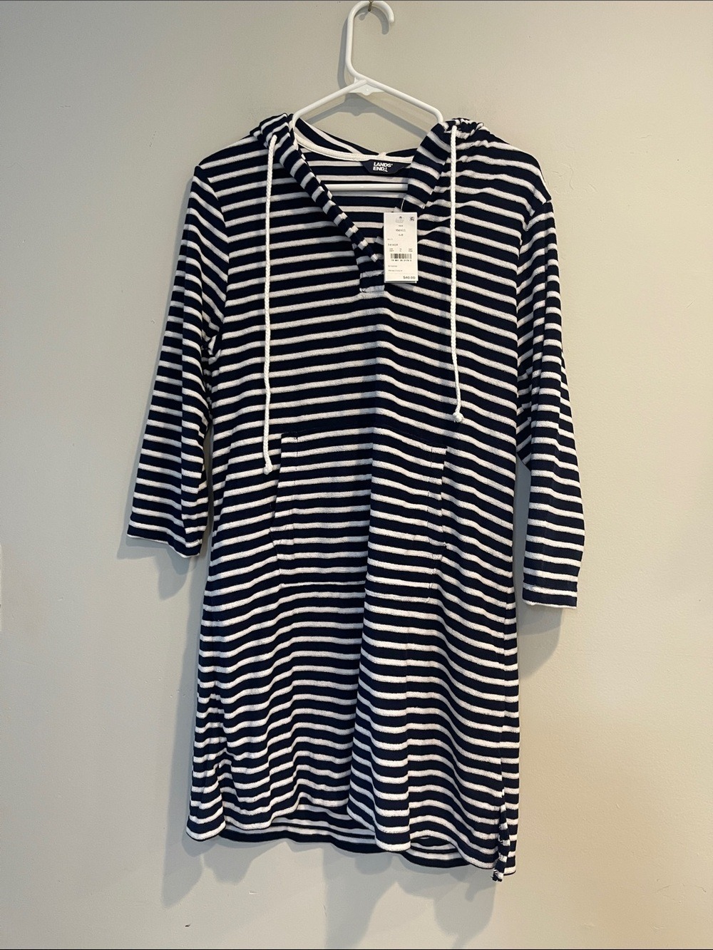 NWT Lands' End Navy and White Striped Hooded Knit dress size Small